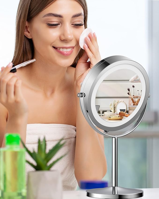 Gospire 7" Lighted Makeup Mirror with Magnification 10X/1X Double Sided, Round Magnifying LED Vanity Standing Cosmetic Shaving Mirror with Battery Operated, Cordless Portable for Bathroom Bedroom