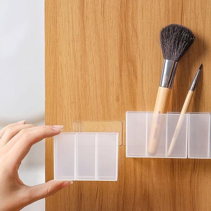 3PCS Mini Wall Mount Storage Box, 3 Compartment Transparent Plastic Makeup Brush Lipstick Holder Self-Adhesive Pen Holder Makeup Organizer for Home Office