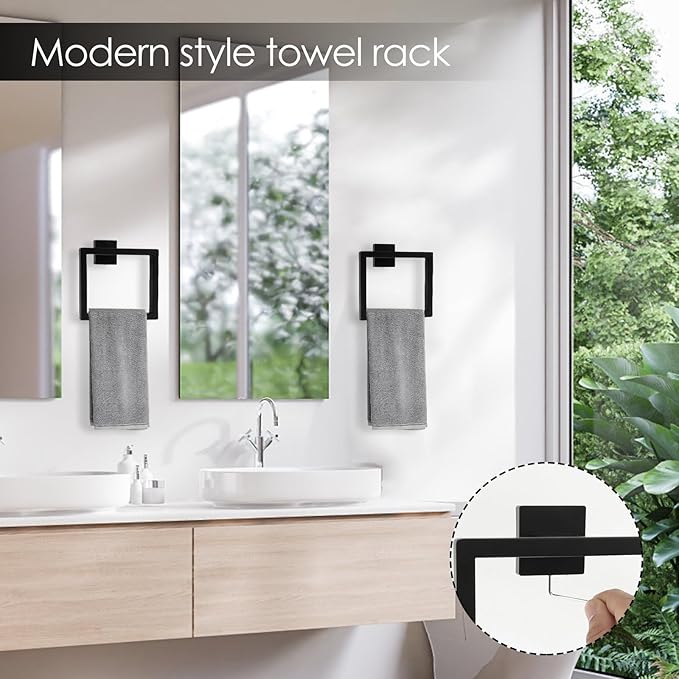 Square Towel Ring for Bathroom, Matte Black Hand Towel Holder Wall Mount, Modern Towel Ring for Guest Bath, Black Bathroom Hardware, Towel Rings for Wall, Rust-Proof Finish 2Pcs