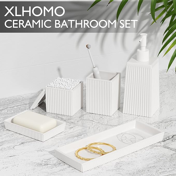 XLHOMO Bathroom Set - White Bathroom Accessories Set, 5PCS Ceramic Bathroom Accessory Set, Bathroom Sets with Soap Dispenser, Toothbrush Tumbler, Soap Dish, Q-tip Holder & Vanity Tray