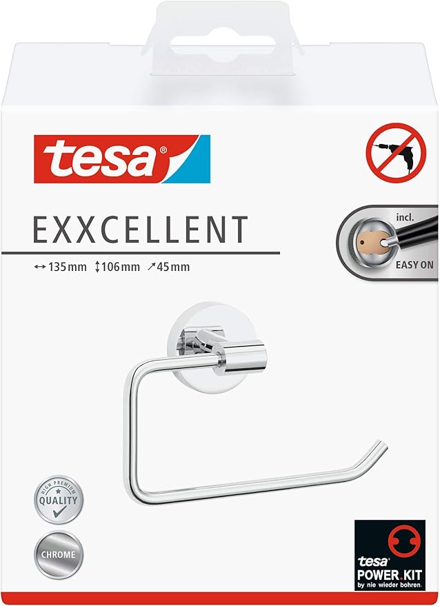 tesa EXXCELLENT Toilet Paper Holder Without Cover - self-Adhesive Paper Hanger - Design, Chrome Metal - 99 mm x 160 mm x 45 mm