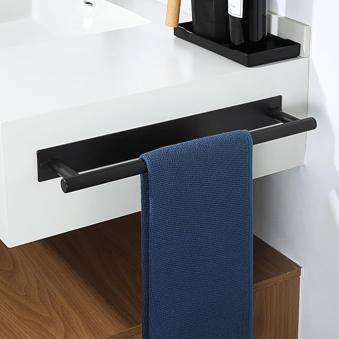 Alise Adhesive Towel Bar Black,Towel Racks for Bathroom Wall Mounted,Bathroom Towel Rack SUS304 Stainless Steel,Towel Holder for Kitchen/Bathroom Hardware Decoration,Sticky or Screw-Mounted,16 Inch