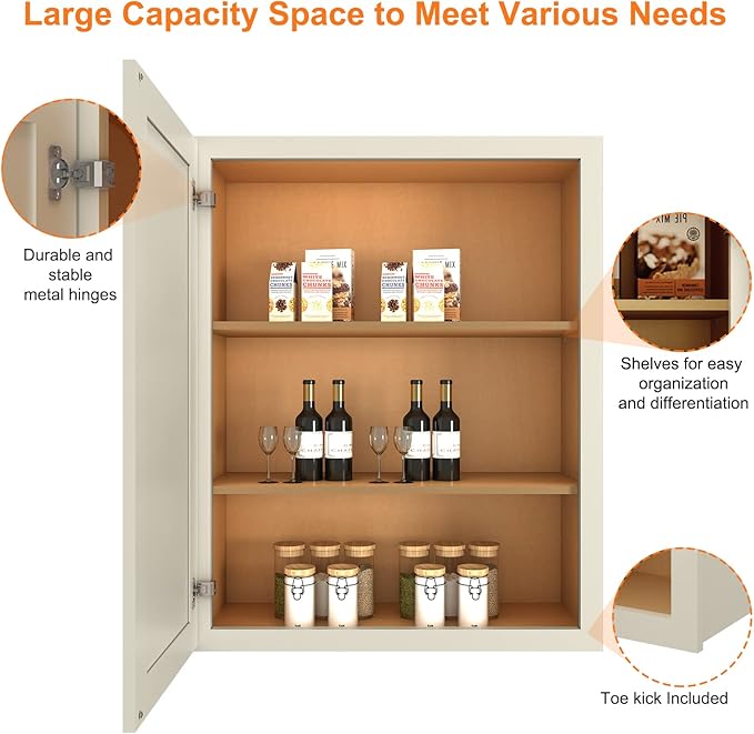 ROOMTEC Wood Wall Cabinet,RTA Single Door Medicine Cabinet with Adjustable Shelves and Soft-Close Door for Kitchen, Bathroom, and Laundry. 12" D*21" W*30" H, Shaker Antique White