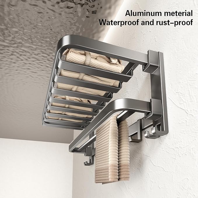 VOLPONE Bathroom Towel Rack with Double Towel Bar Foldable Towel Shelf Wall Mounted Towel Storage with Hooks No Assembly Required 24Inch Matte Grey