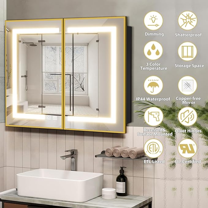 ROOMTEC Lighted Medicine Cabinet with Mirror 40"x32", Wall Mounted Bathroom Mirror with Storage, 2 Doors Bathroom Wall Cabinet with LED Lights,Gold