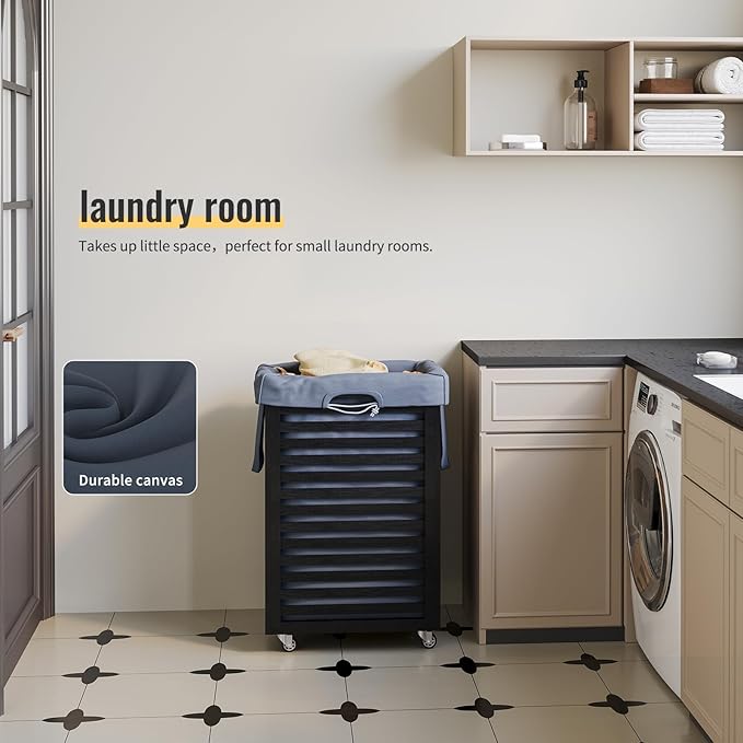 Laundry Hamper with Wheels,Rolling Laundry Basket with Removable Bag,Bamboo Clothes Hampers with Handles for Clothing, Bathroom, Bedroom, Laundry Room (Black)