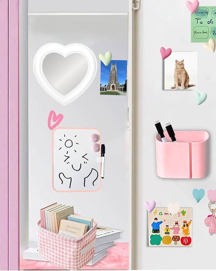 Heart Magnetic Locker Mirror for Girls, 6.9"x7.3" Real Glass Mirror Magnetic for School Locker, Locker Accessories Makeup Mirror for Bathroom Fridge Office Cabinet Gym (White)