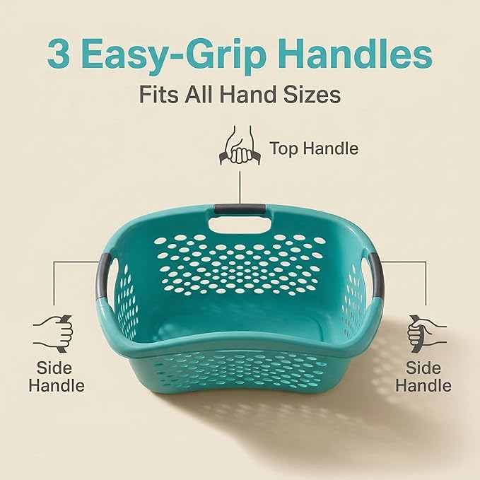 (2 Pack) 1.8 Bushel Hip Hugger Laundry Basket, Teal Flexible Plastic Hamper - Easy 1-Hand Carry(Home/Laundry Room)
