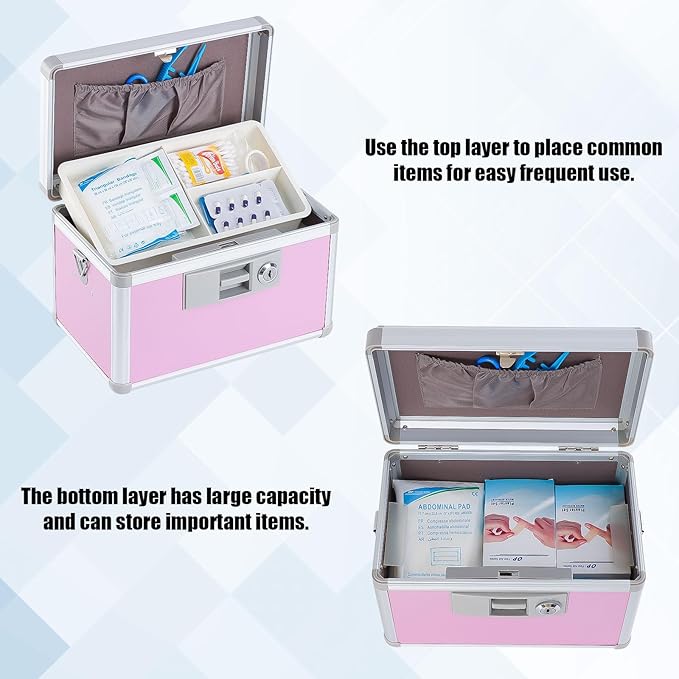 xydstay Medicine Box, First Aid Safe Medication Storage Box,Layered Aluminum Daily Medicine Cabinet,10.2" x 6.2" x 7.7", Pink