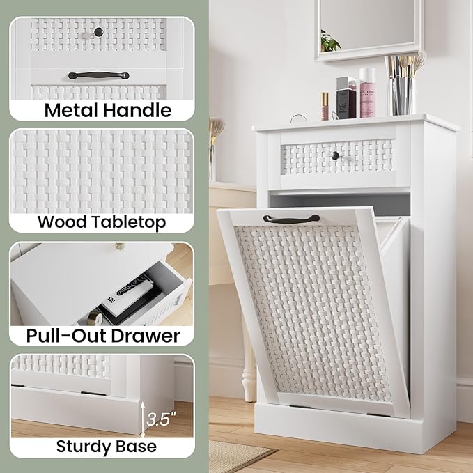Double Tilt Out Laundry Hamper Cabinet, Rattan-Style Laundry Room Organization with Removable Laundry Basket, Hidden Wood Dirty Clothes Hamper with Drawers, 39" L x 13" W x 35.8" H, White