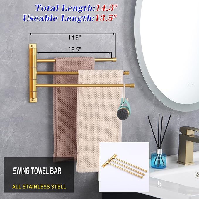 GERZWY SUS 304 Stainless Steel Bathroom Hand Towel Rack 3-Bar Folding Arm Swivel Hanger Bath Towel Holder Swing Out Towel Bar Wall Mount Gold Finished HYG03-BE