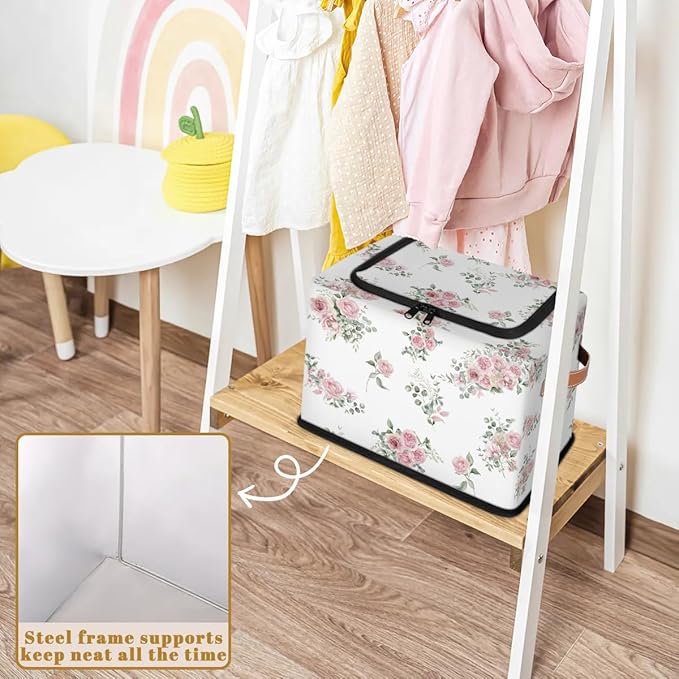 Pink Floral Flower Storage Baskets - Home Decorative Bins Collapsible Cubes with Zipper Lid, Rose Box with Handles for Living Room Bedroom Nursery Shelf Closet Office Kitchen, 24L