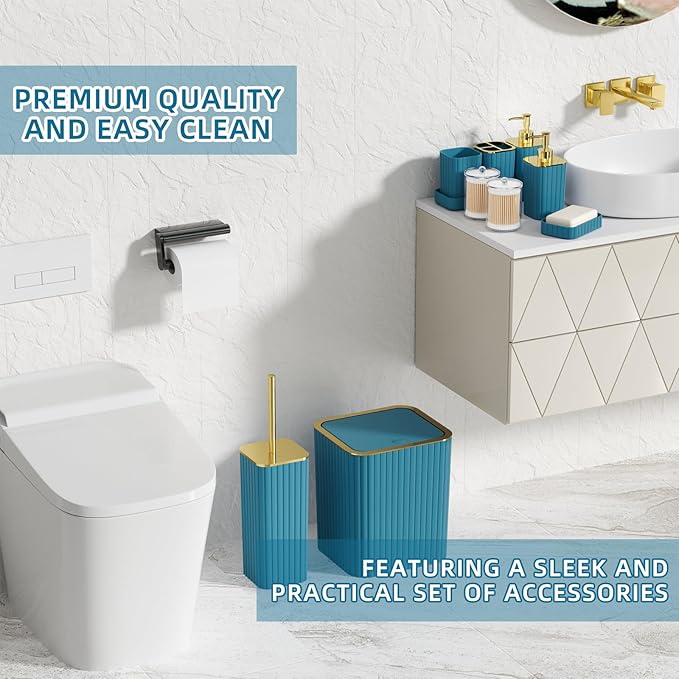 XLHOMO Bathroom Accessory Set - 26PC Bathroom Shower Curtain and Rug Set, Bathroom Accessories Set, Teal Bathroom Set with Trash Can, Toilet Brush, Qtip Holder & Soap Dispenser