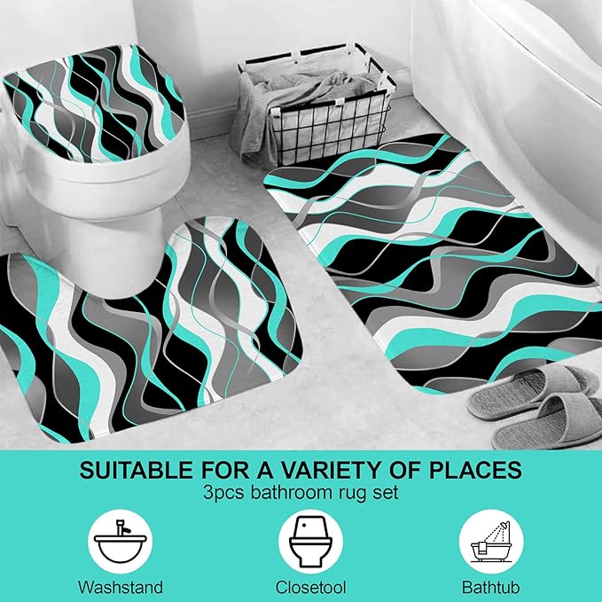 4Pcs Turquoise Shower Curtain Sets with Non-Slip Rugs, Toilet Lid Cover and Bath Mat, Black and Gray Bathroom Decor Set Accessories Fabric Waterproof Shower Curtains with 12 Hooks, 72 x 72 Inch