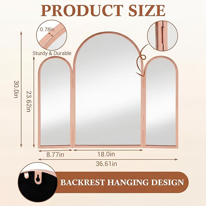 Wonderjune Trifold Vanity Mirrors 3 Way, 30 x 37 in Adjustable Arch Trifold Mirror for Bathroom Bedroom, Decorative Folding 3 Sided Mirror Wall Mounted for Braiding Hair Makeup(Rose Gold)