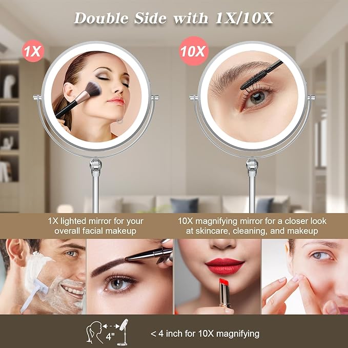 Rocollos 9" Large Lighted Makeup Mirror with 1X/10X Magnification, 4000mAh Rechargeable Vanity Mirror with Height Adjustable & 3 Color Dimmable Lights (9 Inch Chrome)