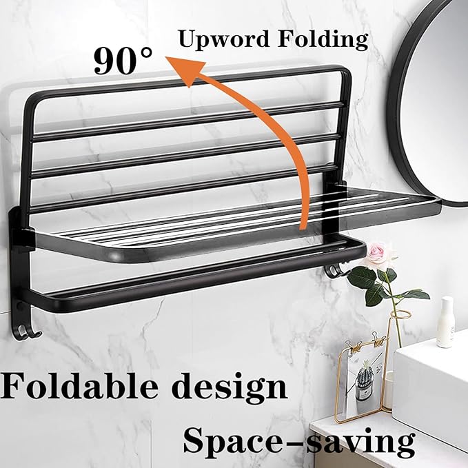 Towel Rack for Bathroom, Bath Towel Holder with Double Towel Bar and Foldable Towel Shelf, Rustproof Towel Organizer Wall Mounted Towel Storage Hanger for Bath/Balcony/Lavatory(24In Black)