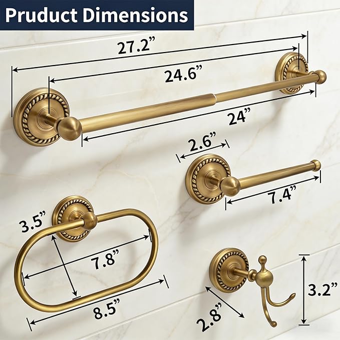 4-Pieces Antique Brass Gold Bathroom Accessories Set, Adjustable Towel Bar Fits 13.2”-24.6” Centers, Oval Towel Ring, Robe Hook, Toilet Paper Holder, Towel Racks for Bathroom Wall Mounted Hardware Set