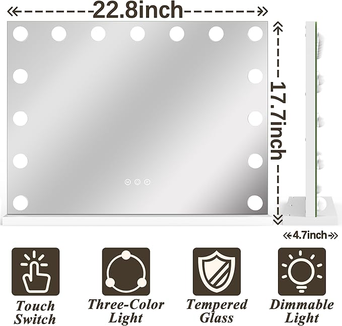 FENNIO Hollywood Vanity Mirror with Lights 23x18,Large Lighted Mirror Makeup Mirror with 15 Dimmable LED Bulbs, 3-Color Lighting