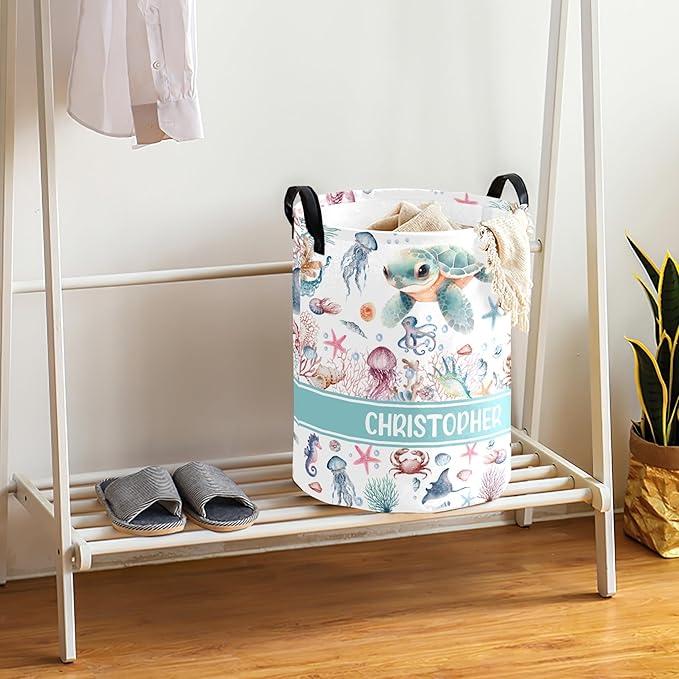 Large Custom Name Laundry Hamper, Turtle Personalized Dirty Clothes Hamper Storage Basket with Name for Bathroom Bedrooms, Customized Name Circular Hamper with Handles for Baby Boys Girls Men Women