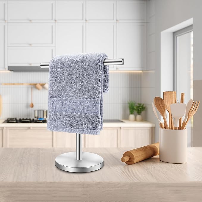 T-Shape Bath Hand Towel Holder Stand, Stainless Steel Free Standing Hand Towel Rack, for Bathroom Kitchen & Countertop, Silver, 2 Pack