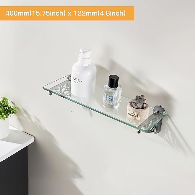 khtumeware 16 Inches Glass Shelves for Bathroom, Antique Silver Floating Glass Shelf Zinc Tempered Glass Bathroom Shelves for Wall Mount Modern
