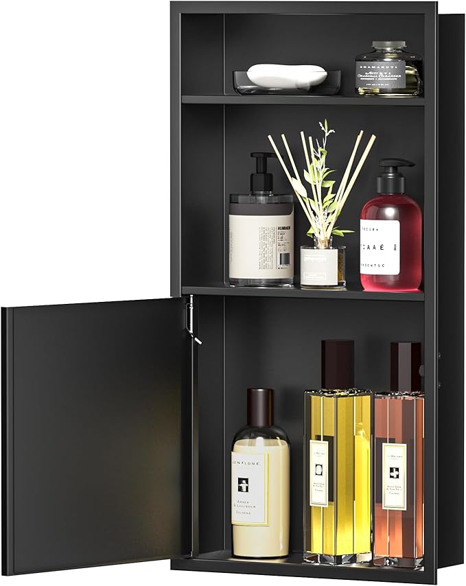 Recessed Medicine Cabinet with Door 24" X 12" Matte Black Wall Medicine Cabinets with 3-Tier Shelf 304 Stainless Steel Niche Shower for Bathroom Storage