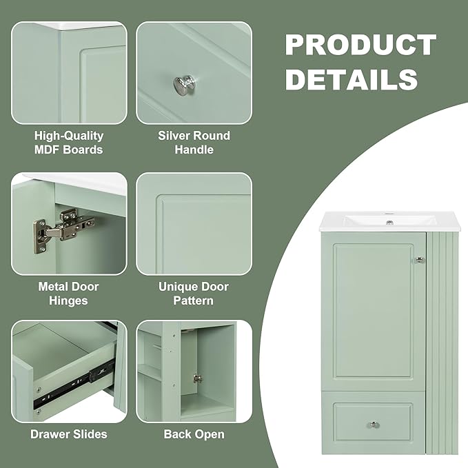 Virubi 20 in Small Bathroom Vanity with Sink,Drawer,Doors and Side Storage & Toilet Paper Holder, Solid Wood & MDF Modern Single Bathroom Sink Cabinet with Drawers,Freestanding (Green,20 in)