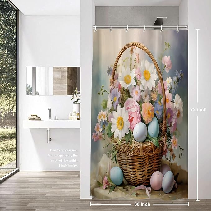 Shrahala Basket Flowers Eggs Decorative Shower Curtain, A Basket Filled with Flowers and Eggs Bathroom Décor Polyester Fiber Waterproof with Plastic Rings for Shower Stall Bathtubs 72 X 36 in