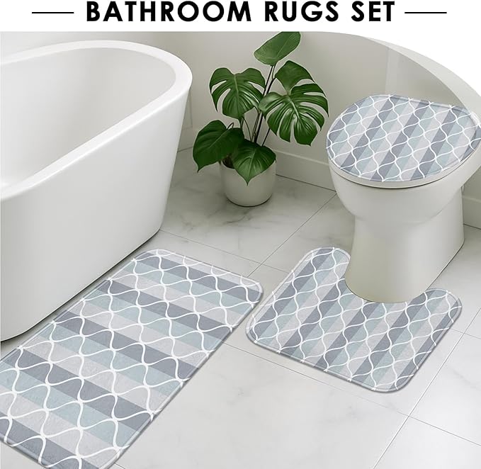 Geometric Grey Shower Curtain Set with Toilet Lid Cover and Non-Slip Rugs, Abstract 4 Pcs Shower Curtain for Bathroom, Modern Simple Bathroom Decor
