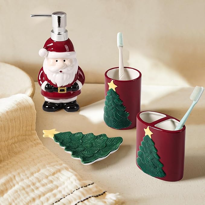 RQYIXI Merry Christmas Bathroom Accessories Set 4 Pieces Toothbrush Holder Soap Dispenser Ceramic Bathroom Accessory Set Contain Toothbrush Cup Soap Dish Tumbler