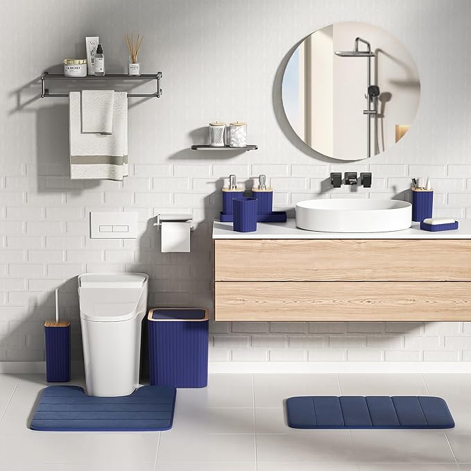 XLHOMO Bathroom Set - 25PC Blue Bathroom Set with Shower Curtain and Rugs, Bathroom Accessories Set, Blue Shower Curtain Set with Bathroom Trash Can