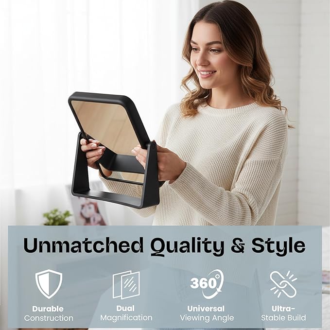 Danielle Creations Rectangle Soft Touch Vanity Mirror, Black, 1x/7x Magnifying Makeup Mirror with Stand, Portable Tabletop Bathroom or Desk Mirror