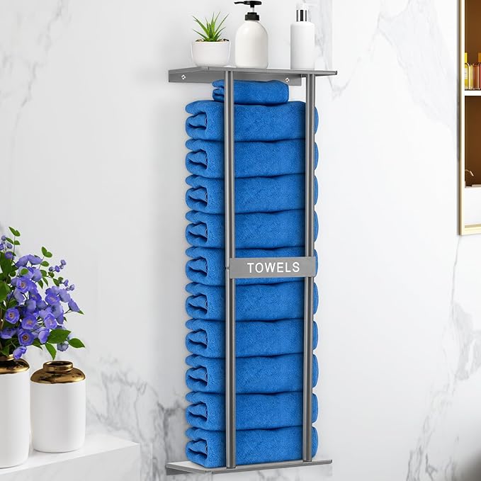 Vertical Towel Rack Wall Mounted - Metal Rolled Towel Holder, 31 Inch Black Space Saving Bathroom Storage Shelf for Shower, Toilet & RV (Grey)