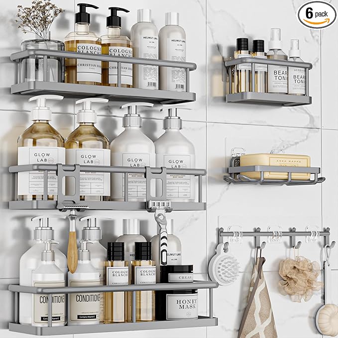YASONIC Shower Caddy, 6 Pack Large Capacity shower Organizer with Soap Holder and 12 Hooks, Rustproof Shower Shelves for Inside Shower, No Drilling&Sleek Bathroom Organizers and Storage Grey