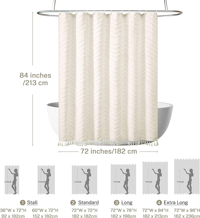 Extra Long Boho Shower Curtain Woven Fabric 84 in Cream Shower Curtain, 72 x 84, Tufted Chevron Striped Modern Chic Textured Minimalist Bathroom Shower Curtains