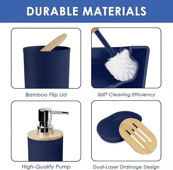 Navy Blue Bathroom Decor and Accessories Set, Striped Blue Shower Curtain and Rug Set with Trash Can, Soap Dispenser, Soap Dish, Toothbrush Holder, Toothbrush Cup, Toilet Brush