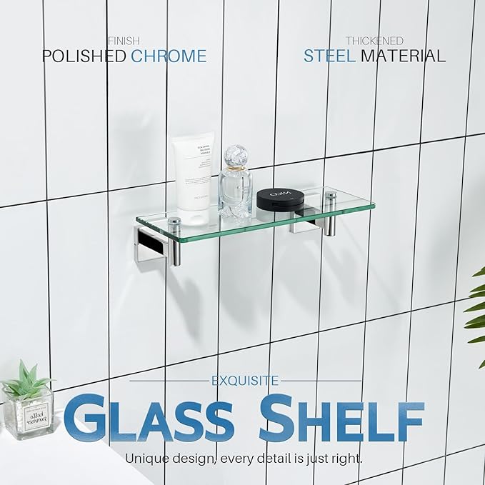 KOKOSIRI 12-Inch Bathroom Shelves Glass Floating Shelf Toilet Roll Holder Toilet Paper Holder Stainless Steel Polished Chrome B1105CH-L12+B2008CH