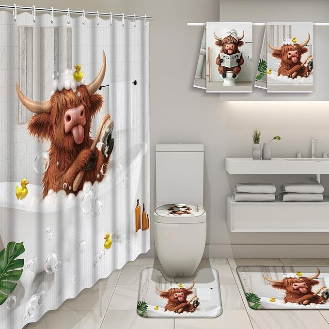 Nuanchu 6 Pcs Highland Cow Shower Curtain Set with Rug Bathroom Sets with Shower Curtain Bath Mat U Shaped Mat Toilet Lid Cover 2 Bath Towels and 12 Hooks Highland Cow Bathroom Decor
