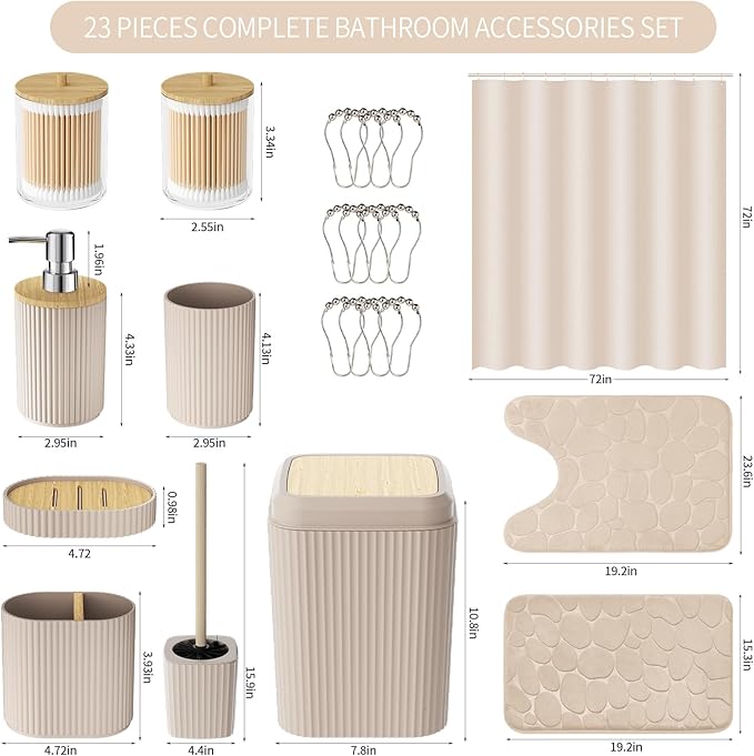 Bathroom Accessories Set - Beige Bathroom Set with Shower Curtain and Rugs, Trash Can, Toilet Brush with Holder, Soap Dispenser, Toothbrush and Toothpaste Holder, Cup, Soap Dish, Qtip Holders, Hooks