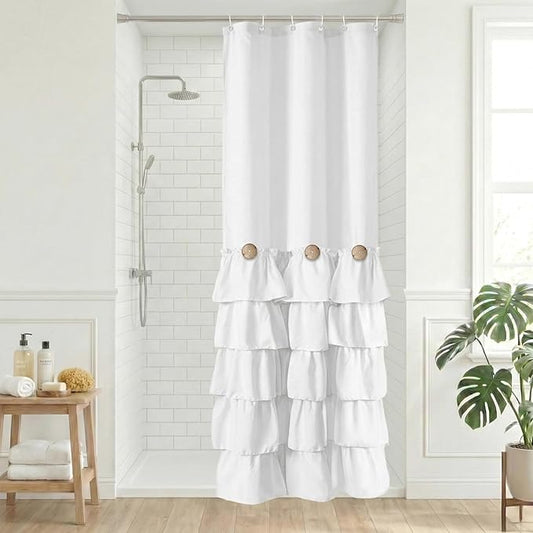 Seasonwood Small Stall Farmhouse Shower Curtain 36x72 Half Size,White Shower Curtain 36 X 72inch Fabric Shower Curtains with Buttons & White Ruffles for Bathroom Bathtubs Decor Accessory