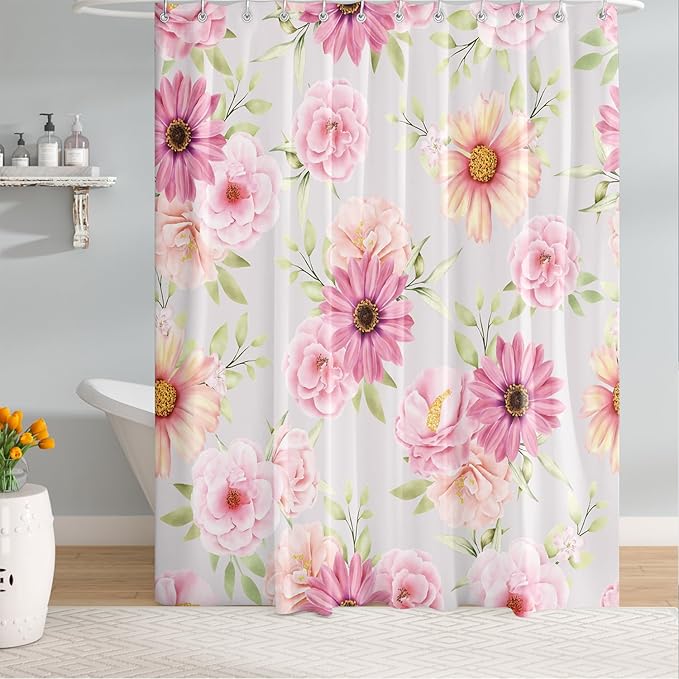 Pink Daisy Peony Flower Shower Curtains, Watercolor Floral Green Leaves Waterproof Fabric Botanical Bathroom Shower Curtain, 72 x 72 Inch