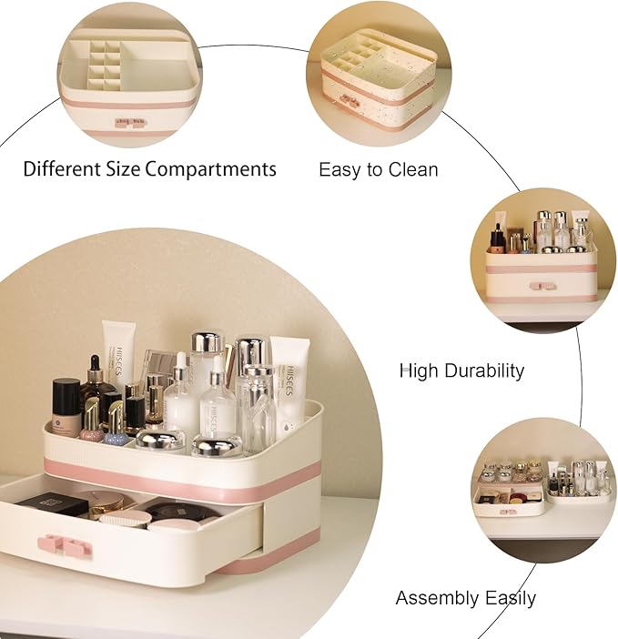 INVSSENE Large Makeup Organizer Countertop, Stackable Vanity Organizer with Drawer Cosmetic Organizer Tray, Make Up Organizers for Vanity, Makeup Storage Counter(Light Pink)