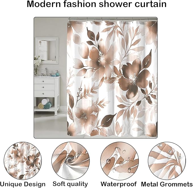 Floral Shower Curtain, Brown Watercolor Flower Shower Curtains for Bathroom, Modern Minimalist Waterproof Fabric Bath Decoration 72x72 Inch