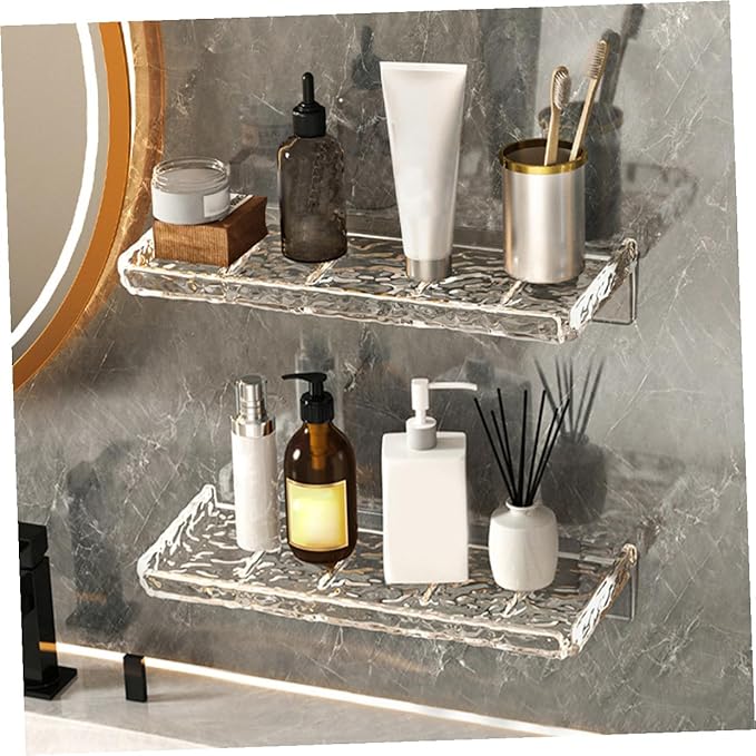 2pcs Floating Wall Shelves Bathroom Storage Rack Transparent Wave Pattern Strong Mounted Organizer for Shampoo Toothbrush and Kitchen Seasoning Holder