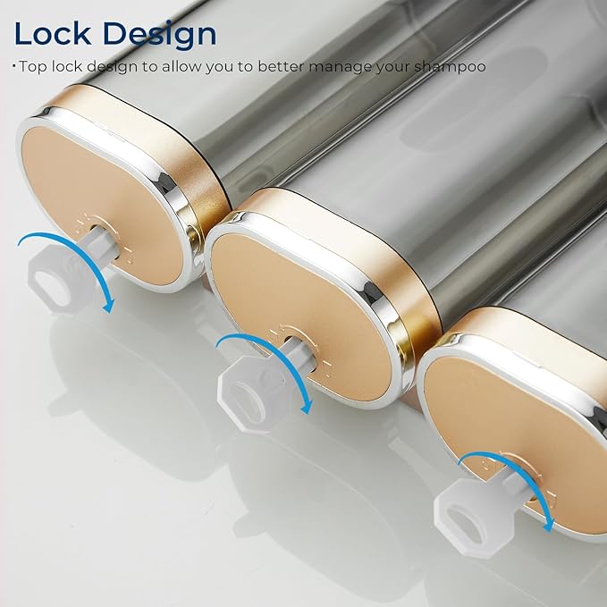 pollock Shampoo Conditioner Dispenser Shower Soap Dispenser 3 Chamber No Drill Shampoo Dispenser for Shower Wall Mounted Shampoo Conditioner Body Wash Dispenser for Bathroom Hotel Gold