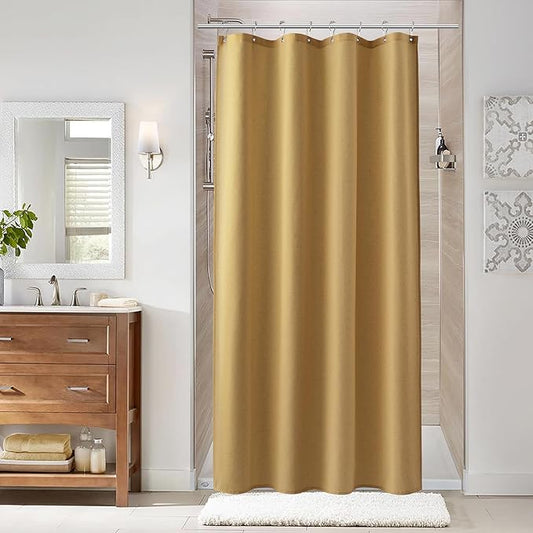 Naturoom 42 Inch Gold Linen Shower Curtain - Narrow Half Small Ultra Thick Fabric Shower Curtain Set with 8 Hooks, Natural Boho Farmhouse Rustic RV Camper Bath Curtains for Bathroom