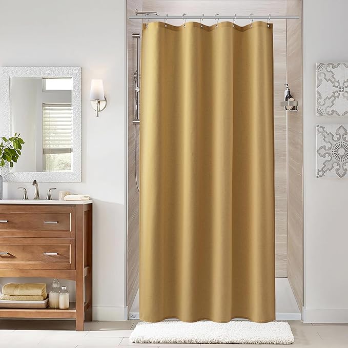 Naturoom 48 Inch Gold Linen Shower Curtain - Stall Narrow Half Ultra Thick Fabric Shower Curtain Set with Hooks, Boho Farmhouse Rustic RV Camper Bath Curtains for Bathroom, 48x72