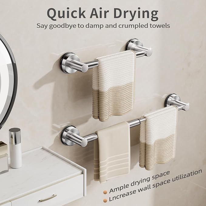 Adjustable Suction Cup Towel Bar for Bathroom Wall,14.6Inch~24 Inch Towel Racks for Bathroom, SUS304 Stainless Steel Bathroom Towel Holder,Bathroom Accessories Brushed Nickel Towel Rack (2pcs Silver)