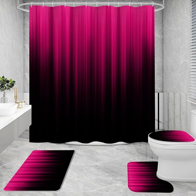 Litabel 4 Pcs Hot Pink and Black Gradient Shower Curtain Set with Rugs and Toilet Lid Cover, Modern Simple Waterproof Fabric Bathroom Set, Ombre Stripe Gothic Abstract Bathroom Decor Set Accessories